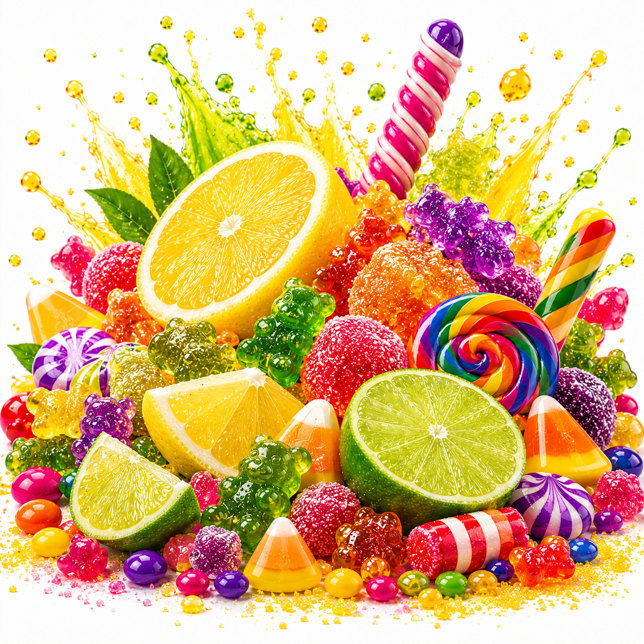 A vibrant assortment of colorful candies, gummy bears, lollipops, candy corn, and sliced citrus fruits arranged in a colorful candy explosion on a clean white background.