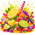 A vibrant assortment of colorful candies, gummy bears, lollipops, candy corn, and sliced citrus fruits arranged in a colorful candy explosion on a clean white background.