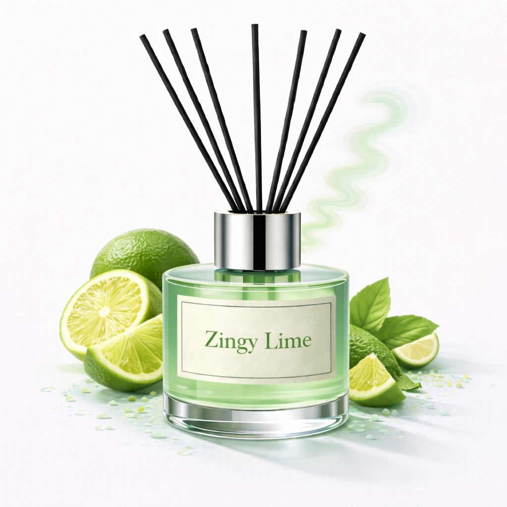 Reed diffuser labeled 'Zesty Lime' with lime slices and leaves on a light background
