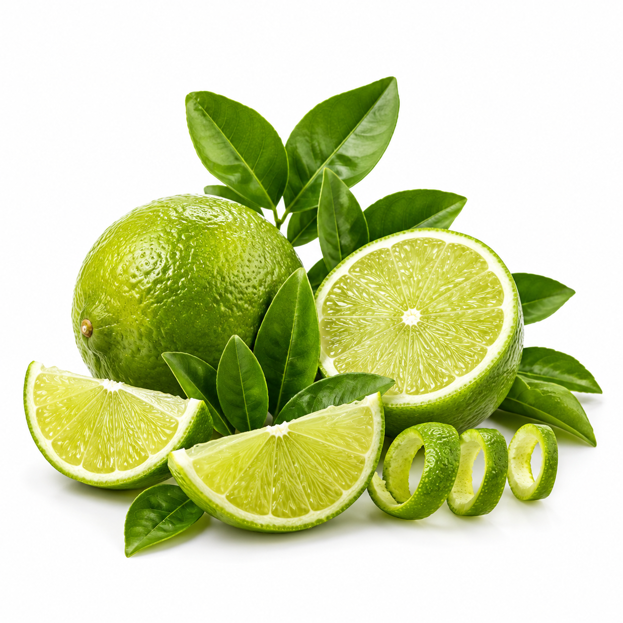 Fresh green limes, including whole limes, sliced wedges, and peeled rinds, arranged with glossy green leaves on a clean white background.