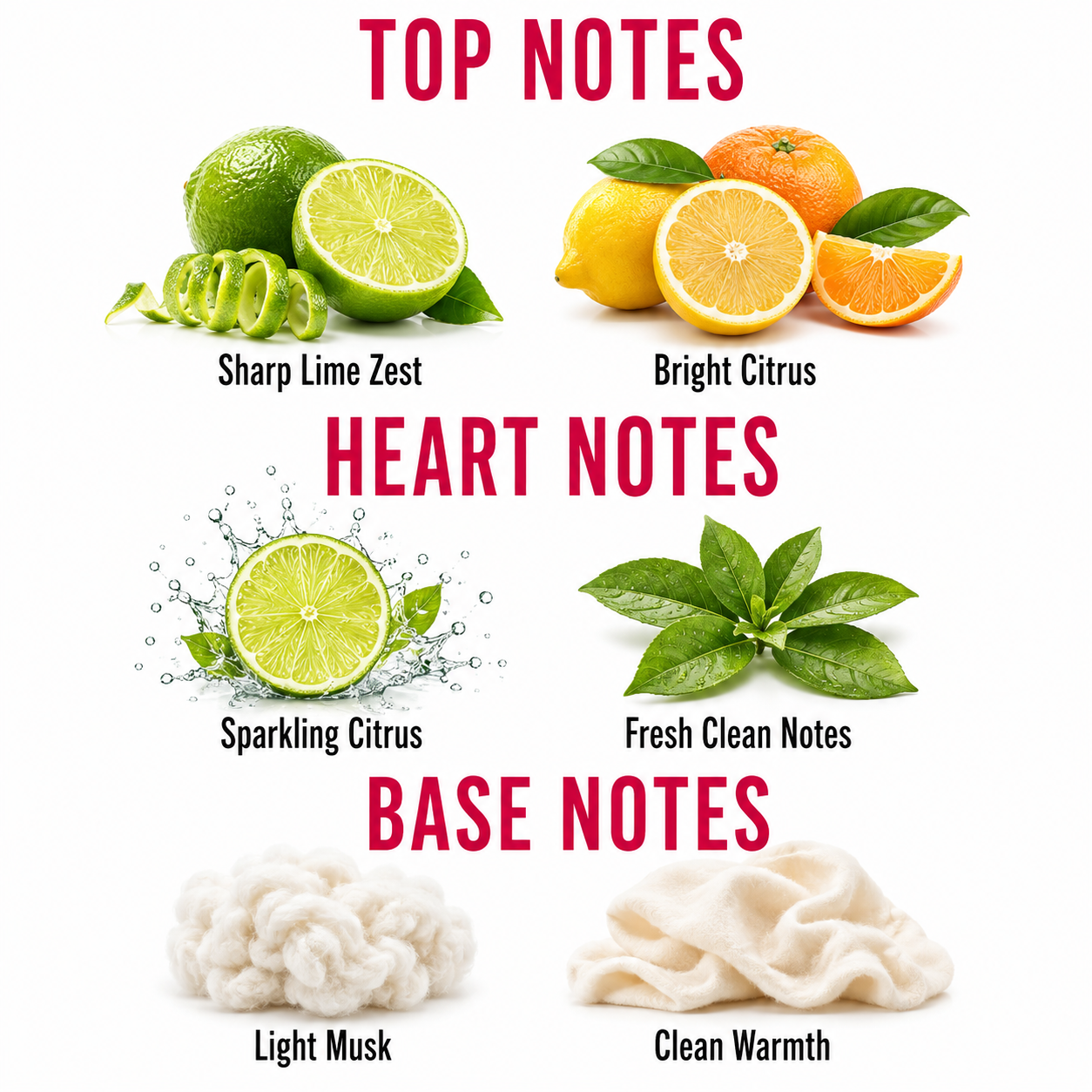 A fragrance notes graphic on a white background with red headers reading TOP NOTES, HEART NOTES, and BASE NOTES. Top notes show sharp lime zest, bright citrus, sparkling citrus, and fresh clean notes with fruit and leaf illustrations.