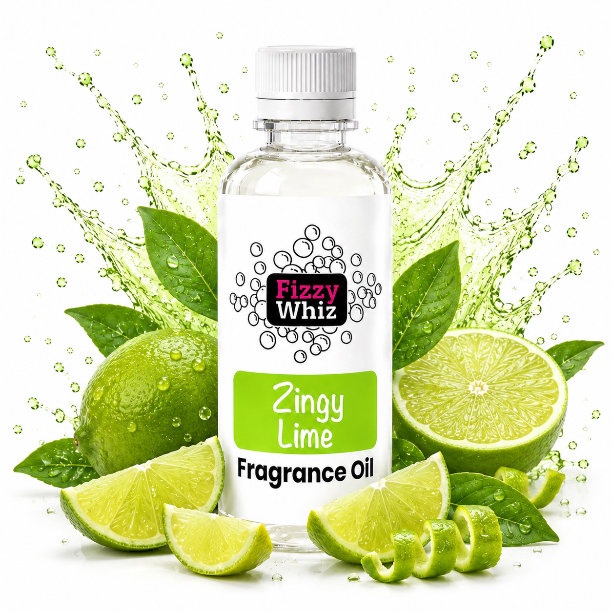 A bottle of Fizzy Whiz Zingy Lime Fragrance Oil centered on a white background, surrounded by fresh limes, lime slices, green leaves, and a green splash graphic. The bottle has a white cap and a white label with a bright green 'Zingy Lime' section.
