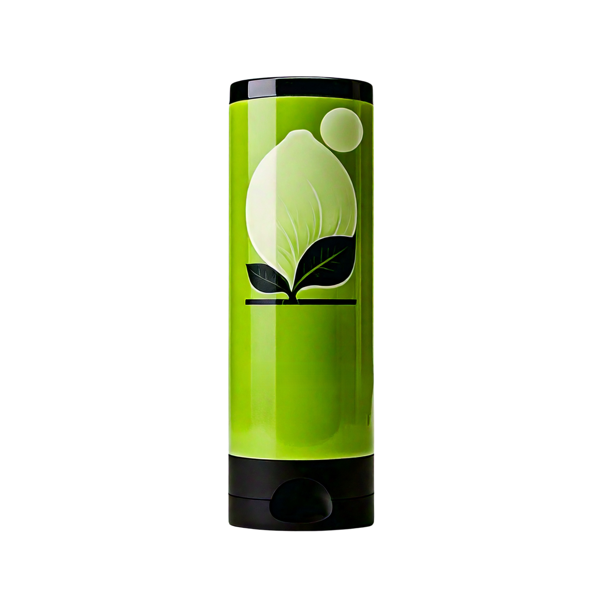 Tall green squeeze tube with a black flip-top cap, featuring a simple leaf and citrus-style graphic on the front, displayed upright on a light background.