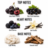 Black Cherry fragrance note pyramid showing juicy black cherry and rich fruit top notes, dark berries and soft vanilla heart notes, with light musk and smooth woody base notes.