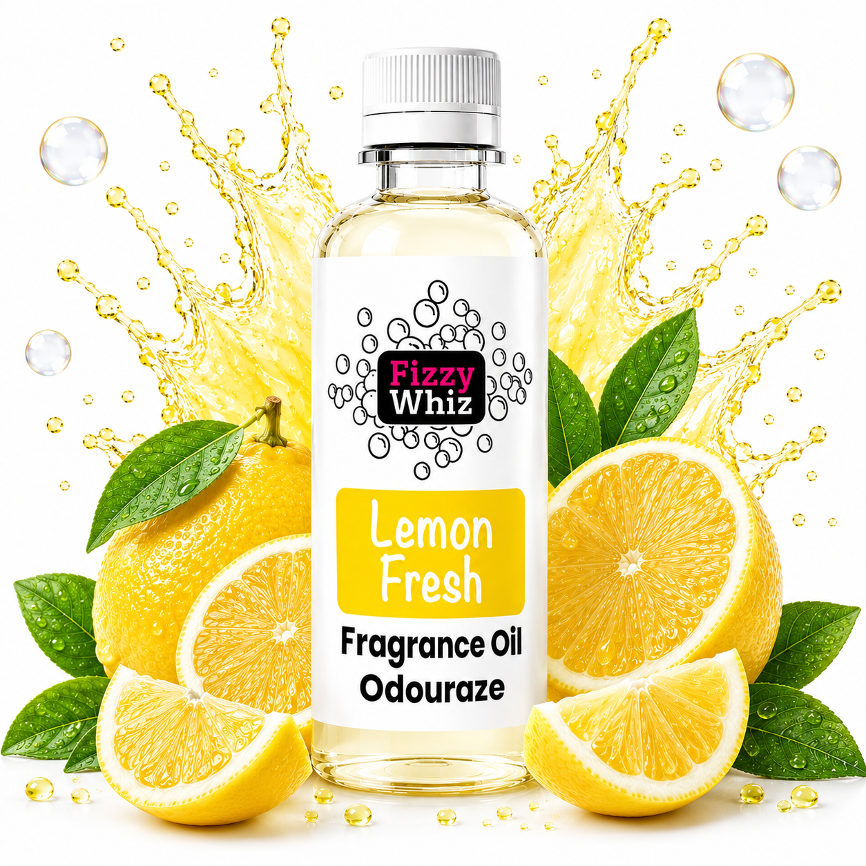 A bottle of Fizzy Whiz Lemon Fresh Fragrance Oil centered against a white background with dramatic yellow liquid splashes, whole and sliced lemons, and green leaves. The bottle label reads 'Fizzy Whiz' and 'Lemon Fresh Fragrance Oil Odouraze'.
