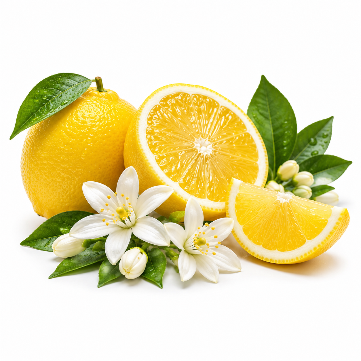 Fresh yellow citrus fruit arranged on a white background, including a whole lemon, a halved orange showing juicy segments, a lemon wedge, green leaves, and white citrus blossoms.