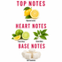 A fragrance notes graphic on a white background with red text reading 'TOP NOTES', 'HEART NOTES', and 'BASE NOTES'. Top notes show ripened lemons and green leaves.