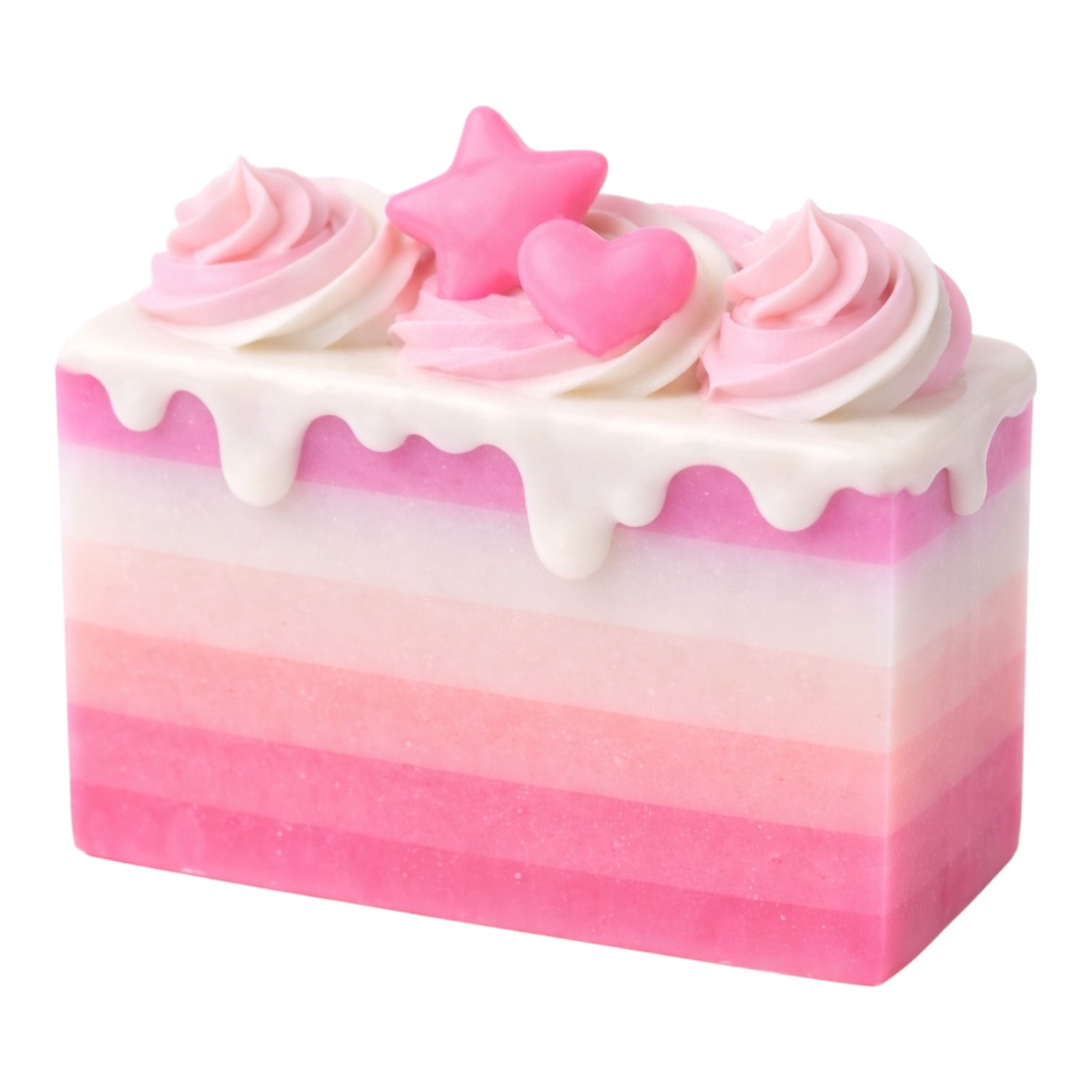 Pink and white layered soap with decorative elements on a white background