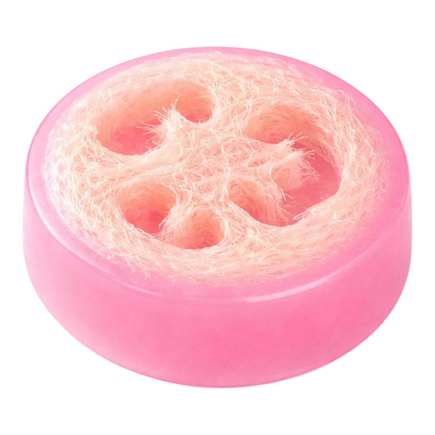 Pink loofah sponge on a white background