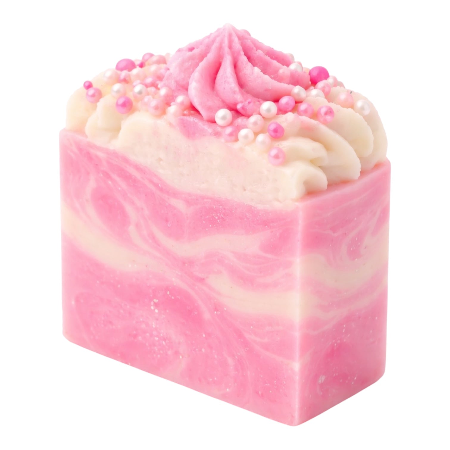 Pink and white swirled soap bar with decorative beads on a white background