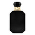 Black perfume bottle with a gold cap on a white background