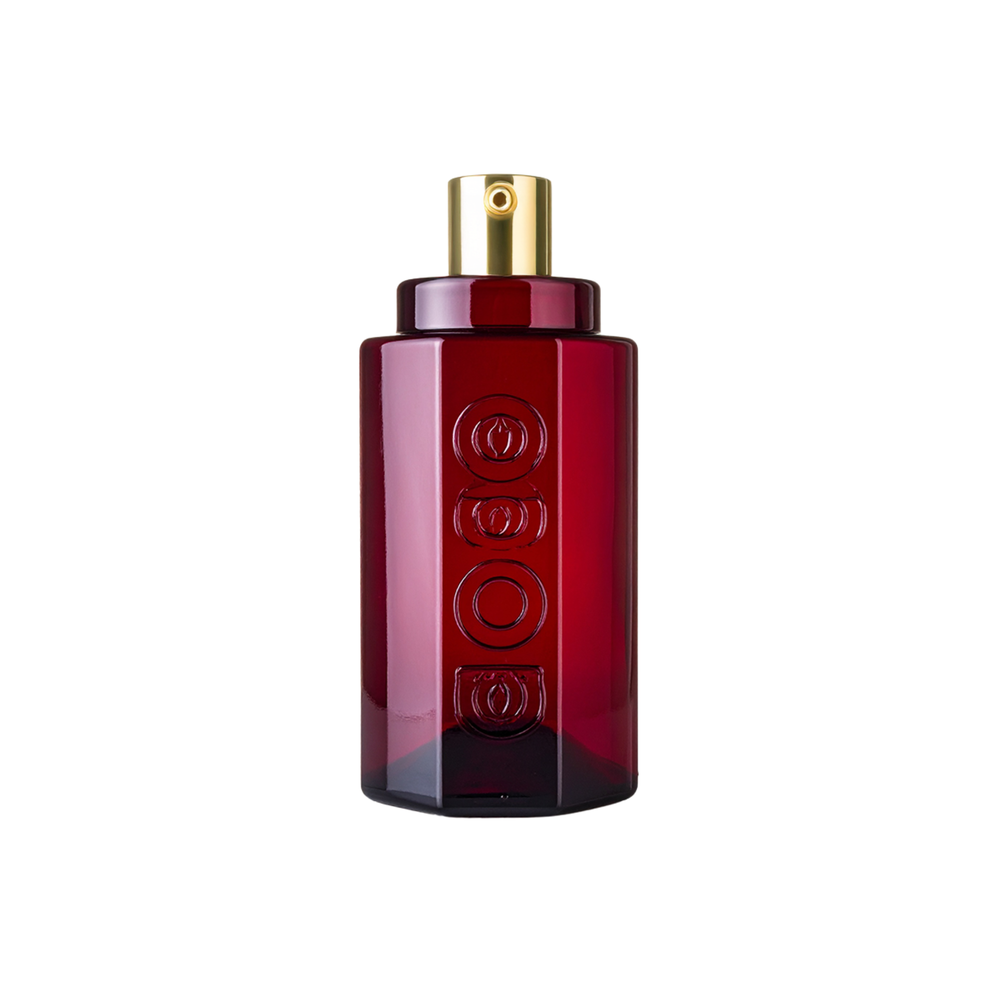 A red bottle of Scent Elixir Fragrance Oil with a gold-colored cap and embossed design.